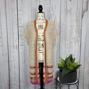 NWOT Chico's 3 Cream Knit Multi-Color Striped Shimmer Boho Chic Long Cardigan
